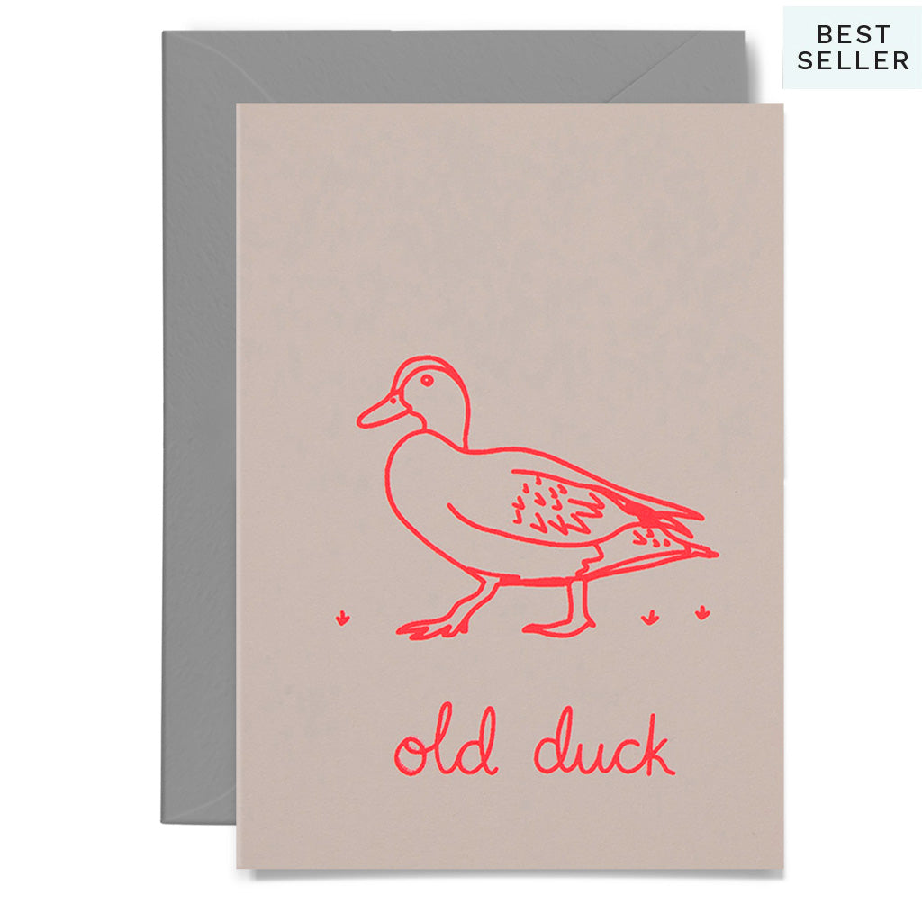 Beige card with red duck illustration