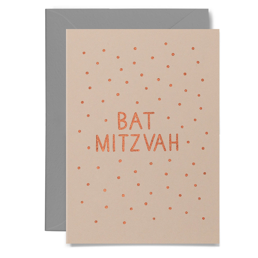 Bat Mitzvah card with polka dots and gray envelop