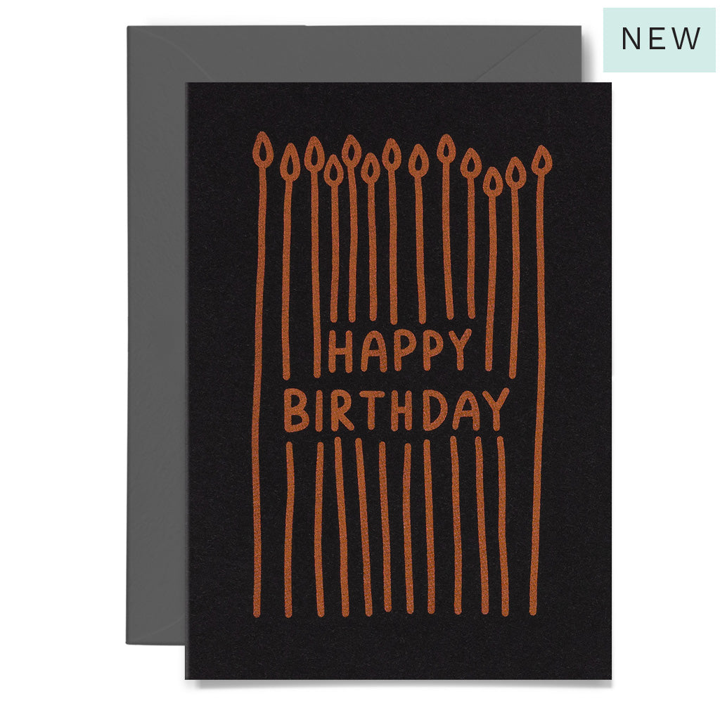 Black card with orange 'Happy Birthday' text 