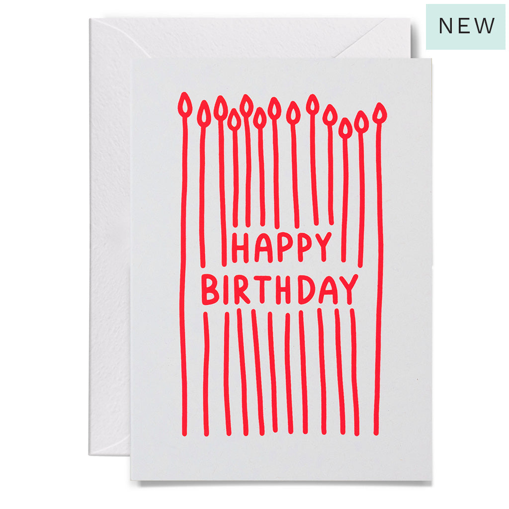 White card with red 'Happy Birthday' text 