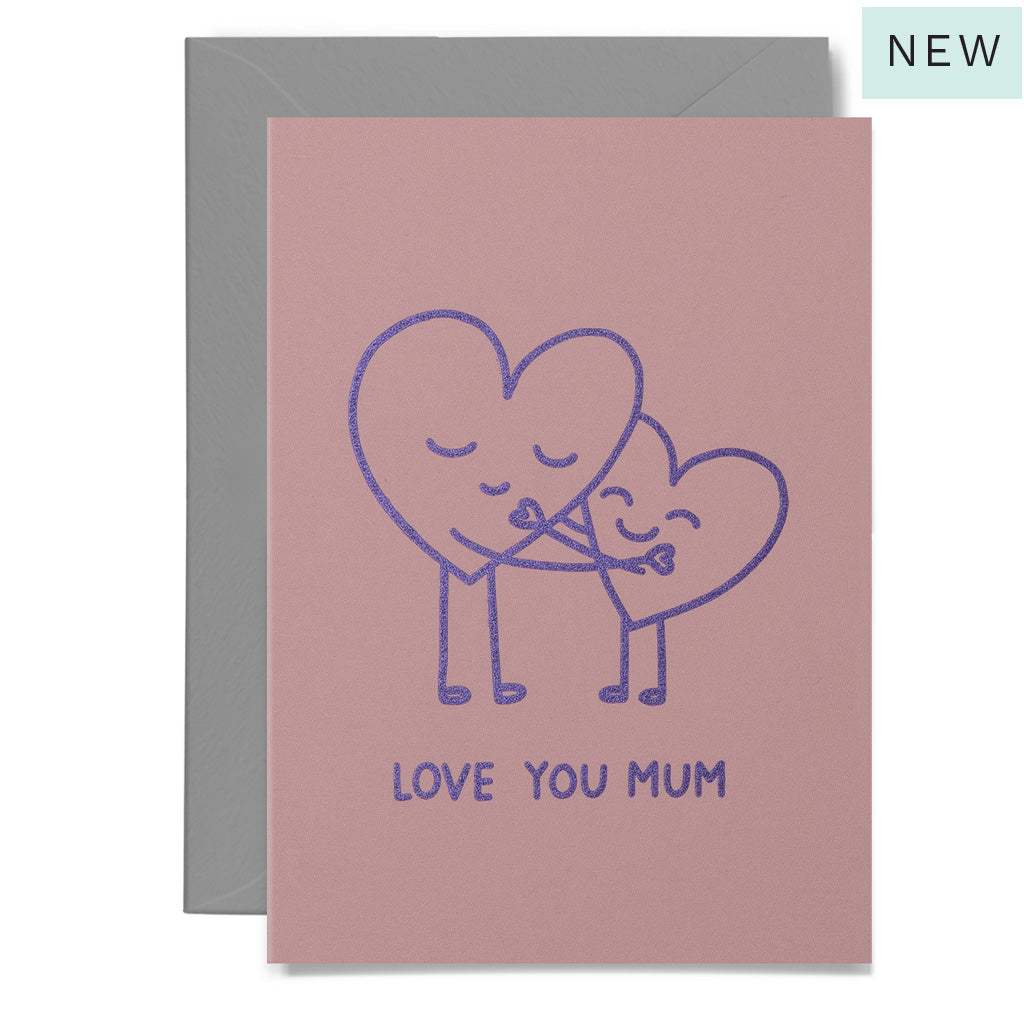 Greeting card with two hearts and 'Love You Mum' text 