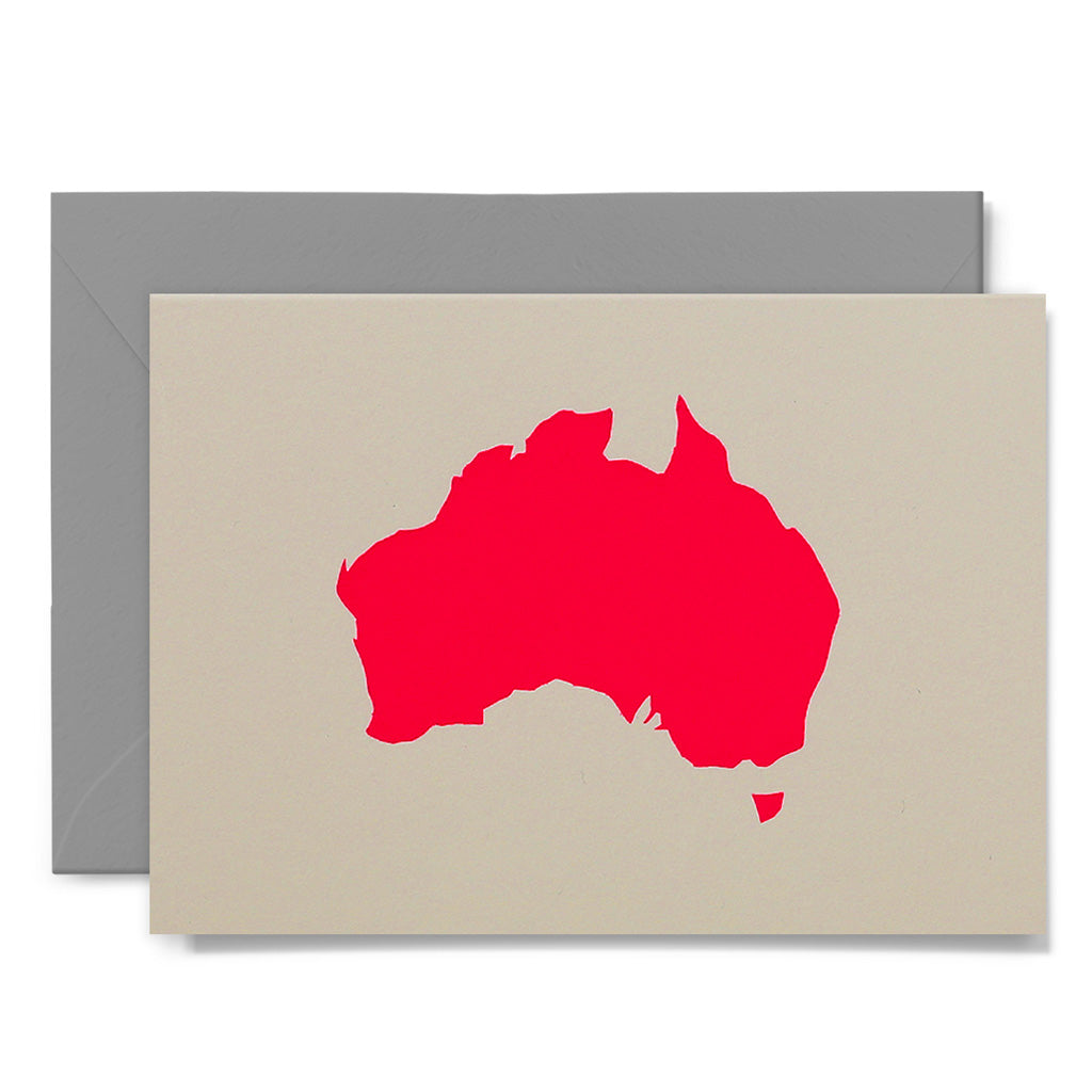 Beige card with red outline of Australia 