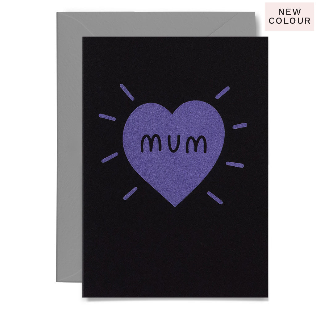 Greeting card with a purple heart and 'mum' text