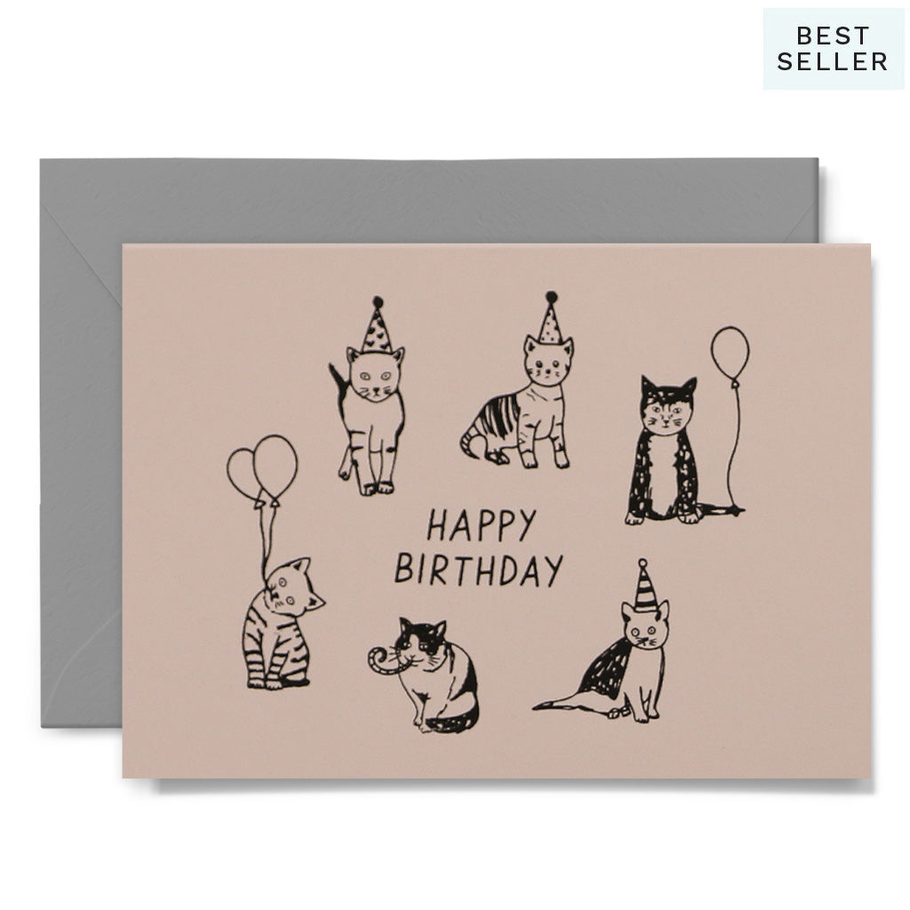 Funny cats wearing hats say Happy Birthday