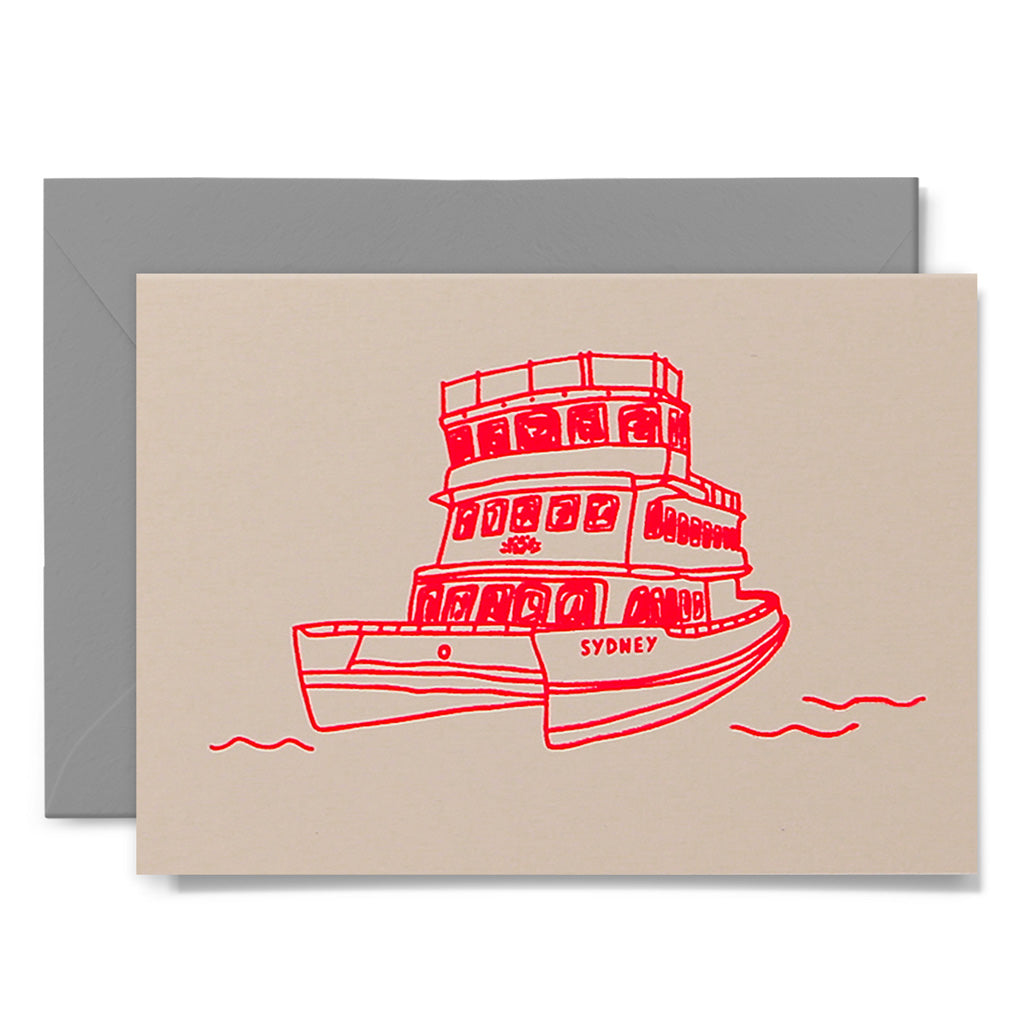 Beige card with red paddle wheel boat illustration 