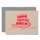 Beige card with red paddle wheel boat illustration 