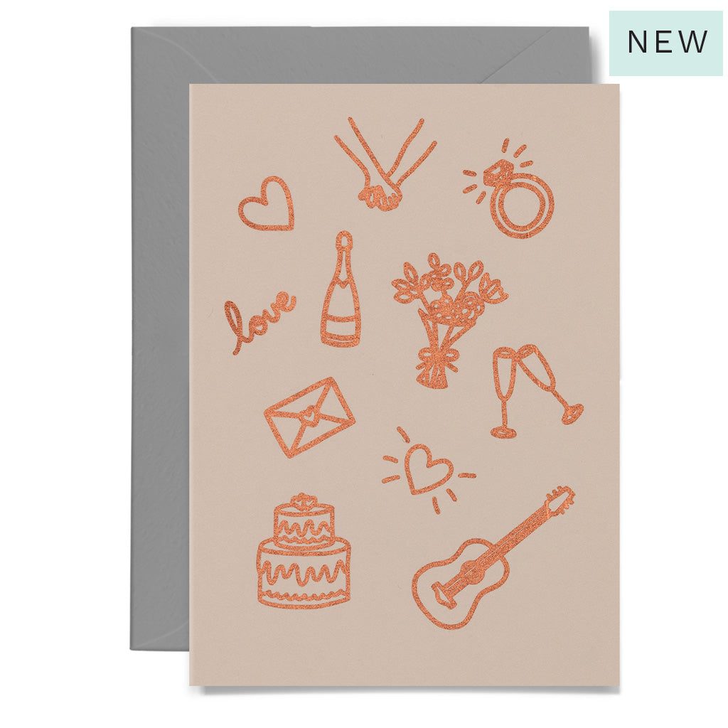 Greeting card with orange illustrations on a beige background