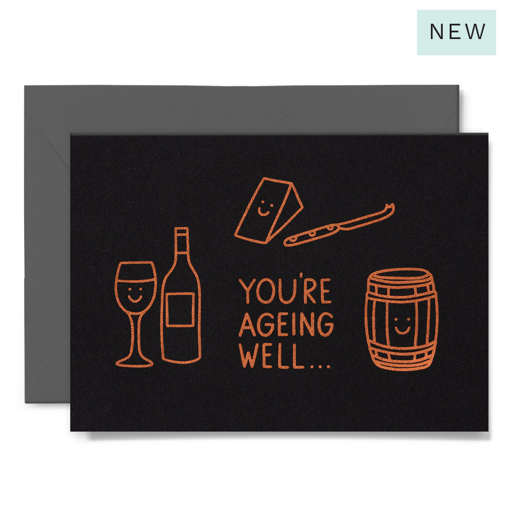 Greeting card with wine-themed illustrations and text