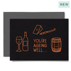 Greeting card with wine-themed illustrations and text